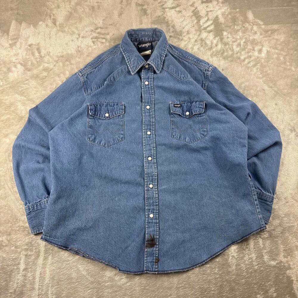 Vintage Wrangler Denim Shirt Mens XL XXL Blue Pearl Snap Western Distressed